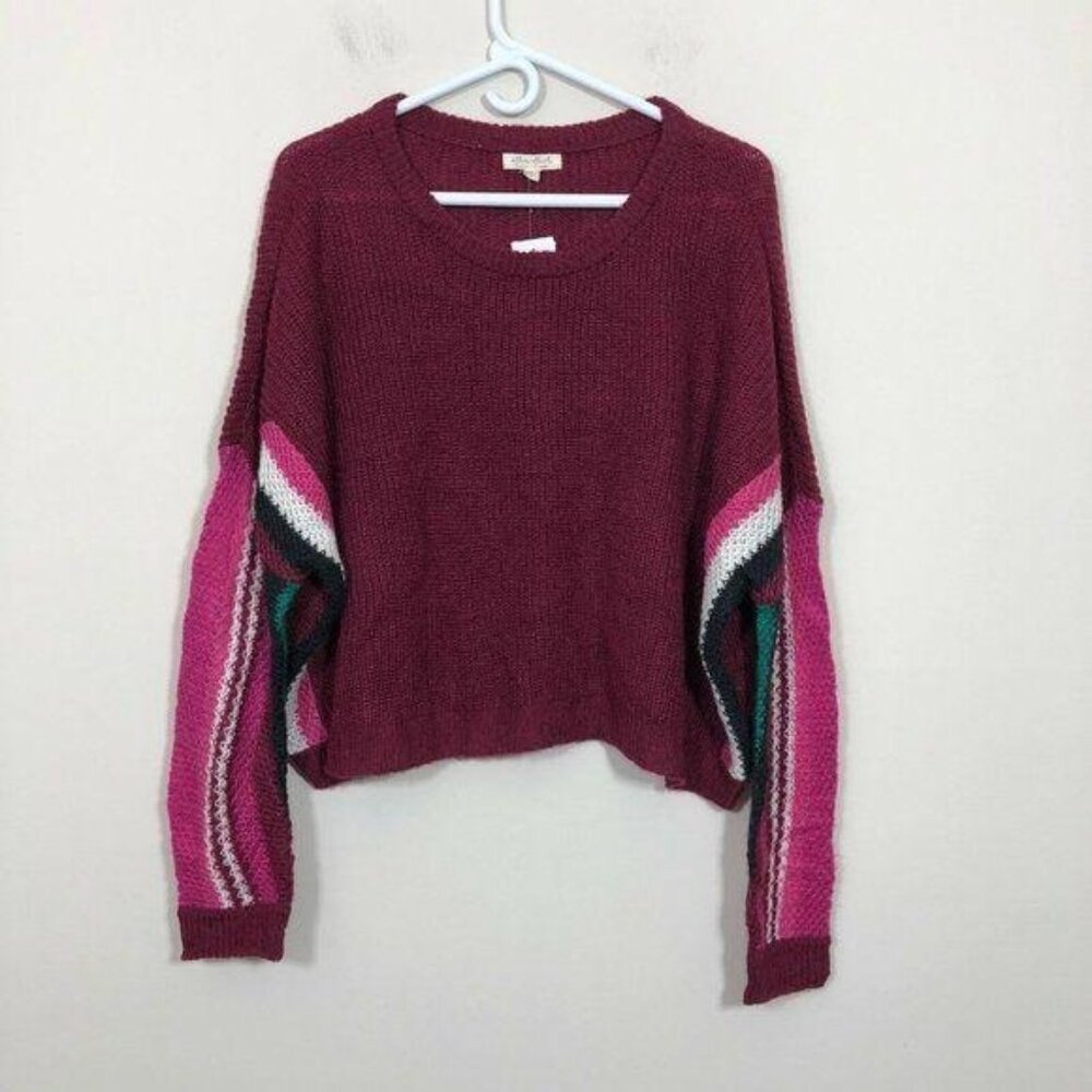 Ultra Flirt Sweater Women Size M Maroon Striped Dolman‎ Sleeve Scoop Neckline